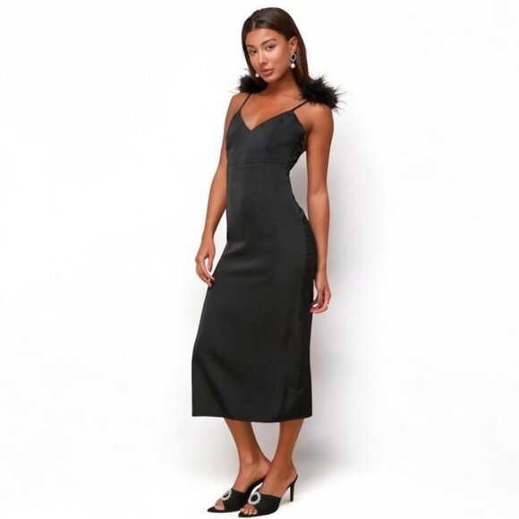 🌻NEW w/tag Lulus Exquisite Invite Black Satin Feather Backless Midi Dress SMALL - Picture 2 of 13